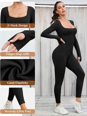 Black U-Neck Long-Sleeve Jumpsuit